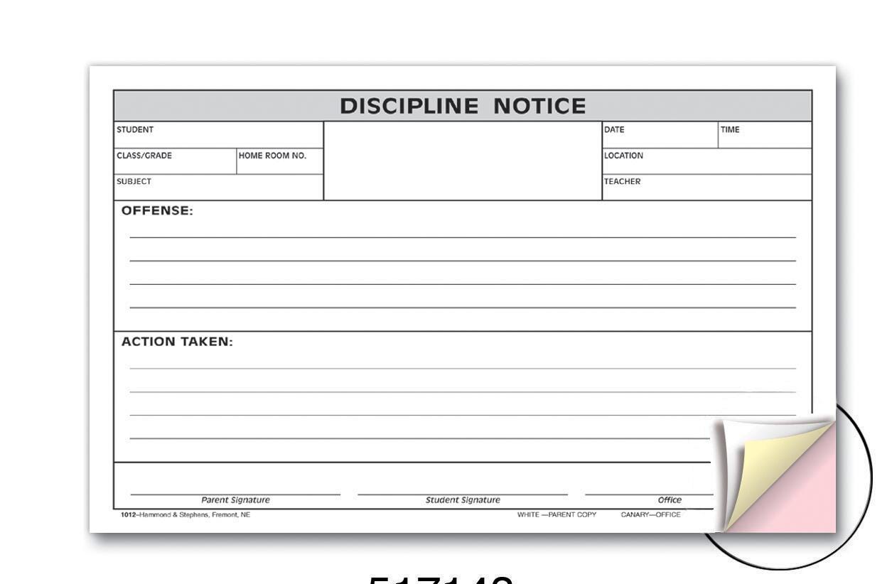 Hammond & Stephens 3-Part Carbonless Discipline Notice Form, 5 x 8 Inches, 100 Sheets 1473625